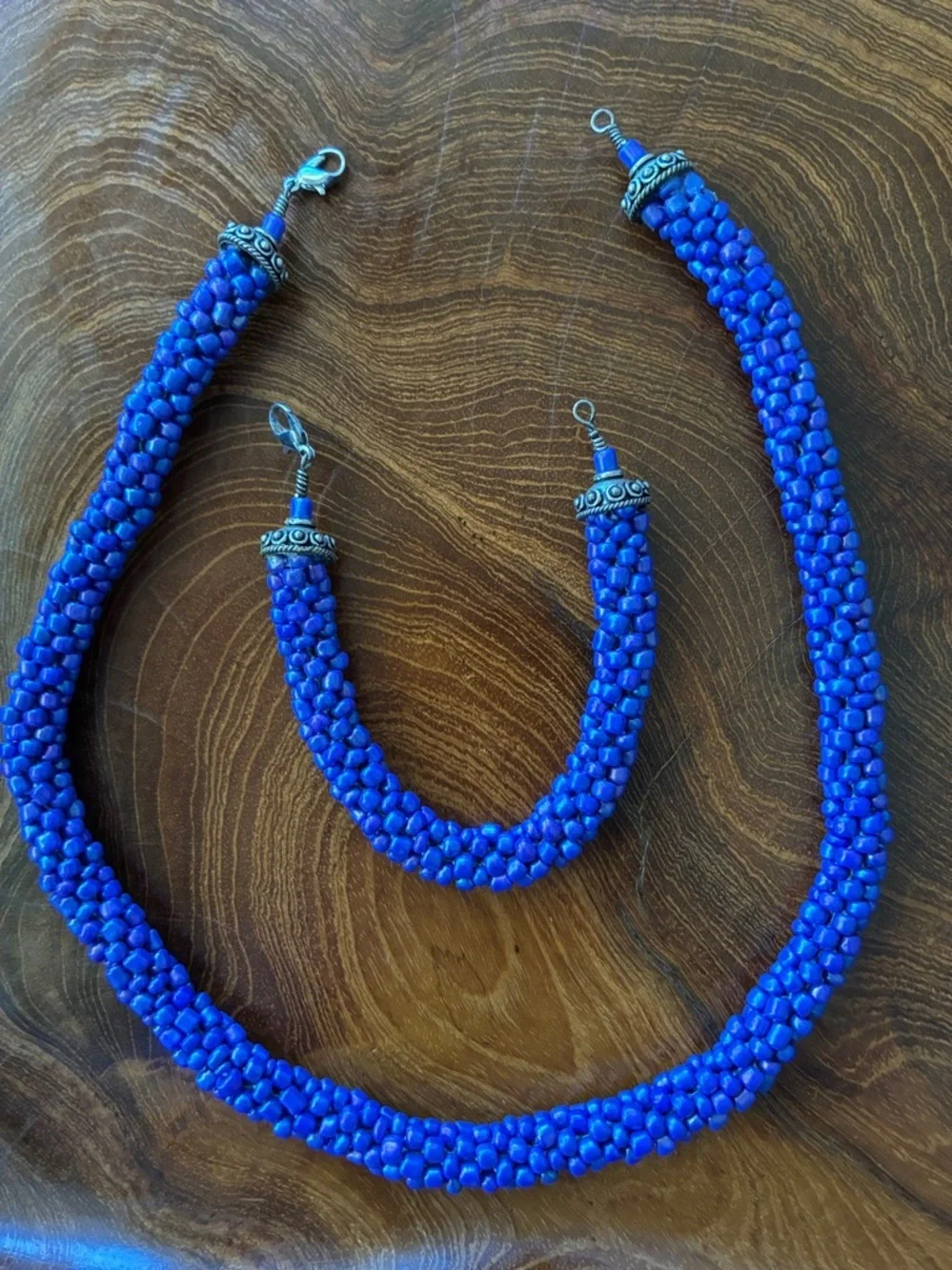 Handmade Royal Blue Beaded Necklace and Bracelet Set